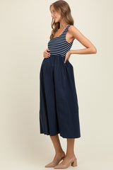 Navy Striped Contrast Sleeveless Maternity Midi Dress