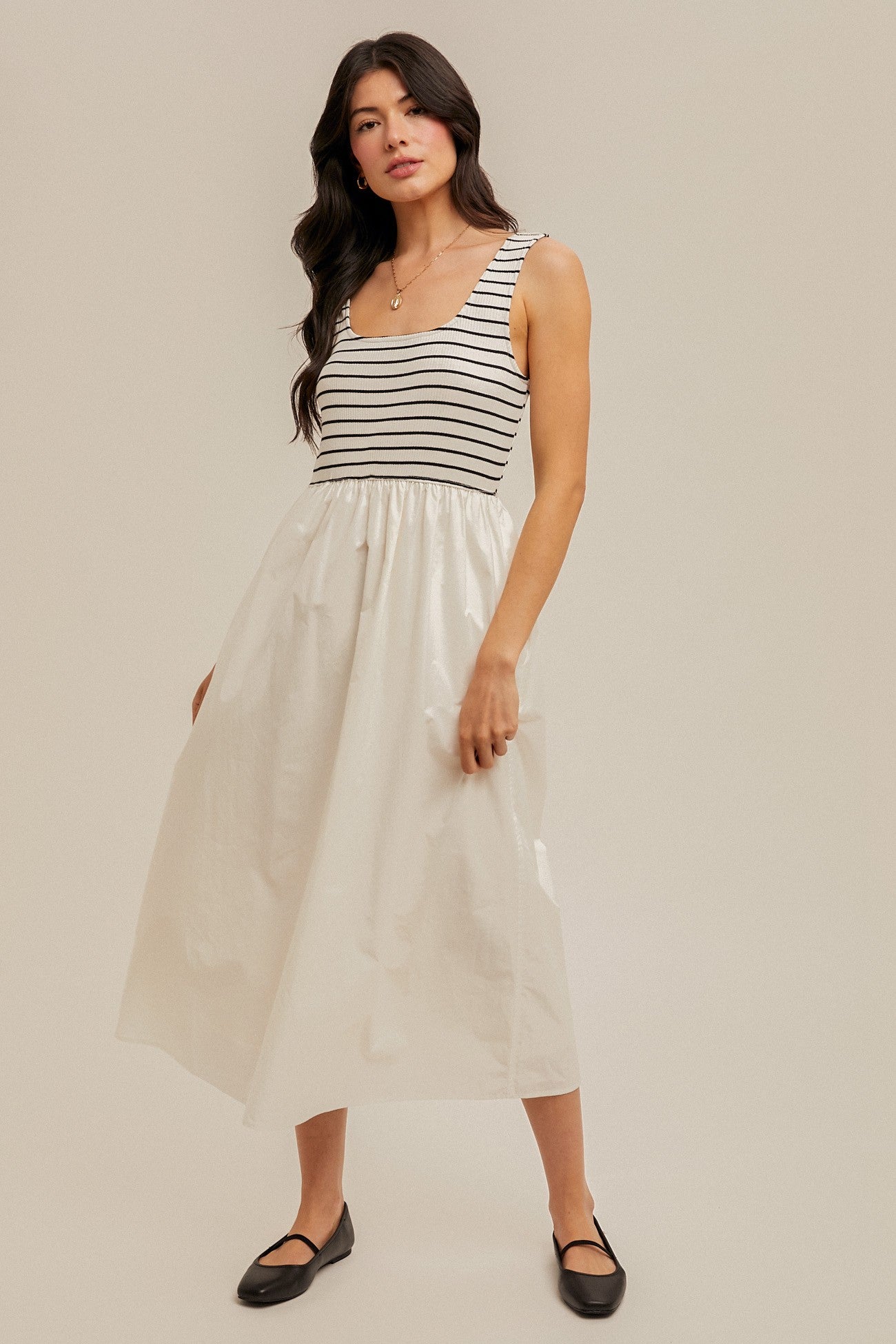 White Striped Contrast Sleeveless Maternity Midi Dress
