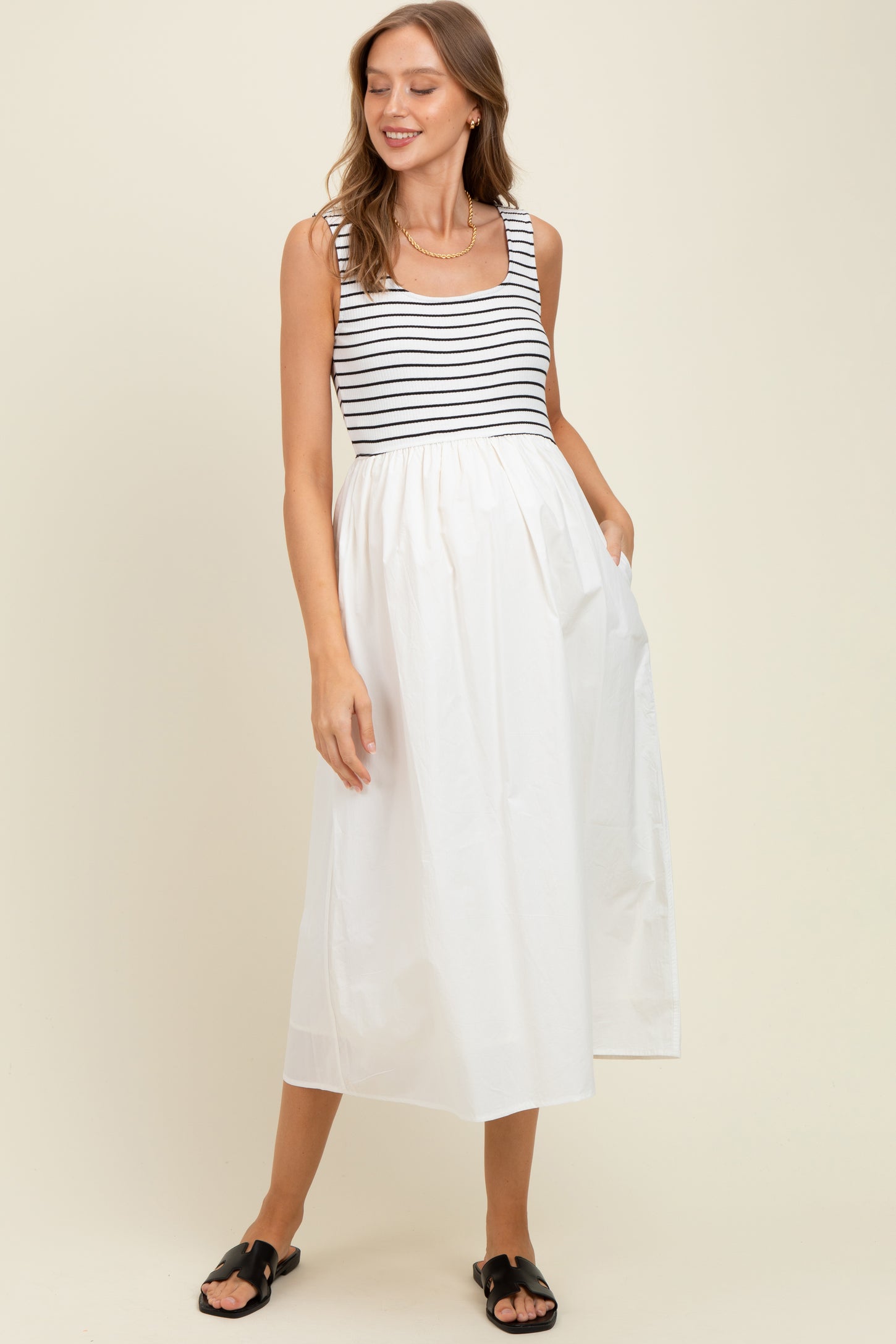 White Striped Contrast Sleeveless Maternity Midi Dress