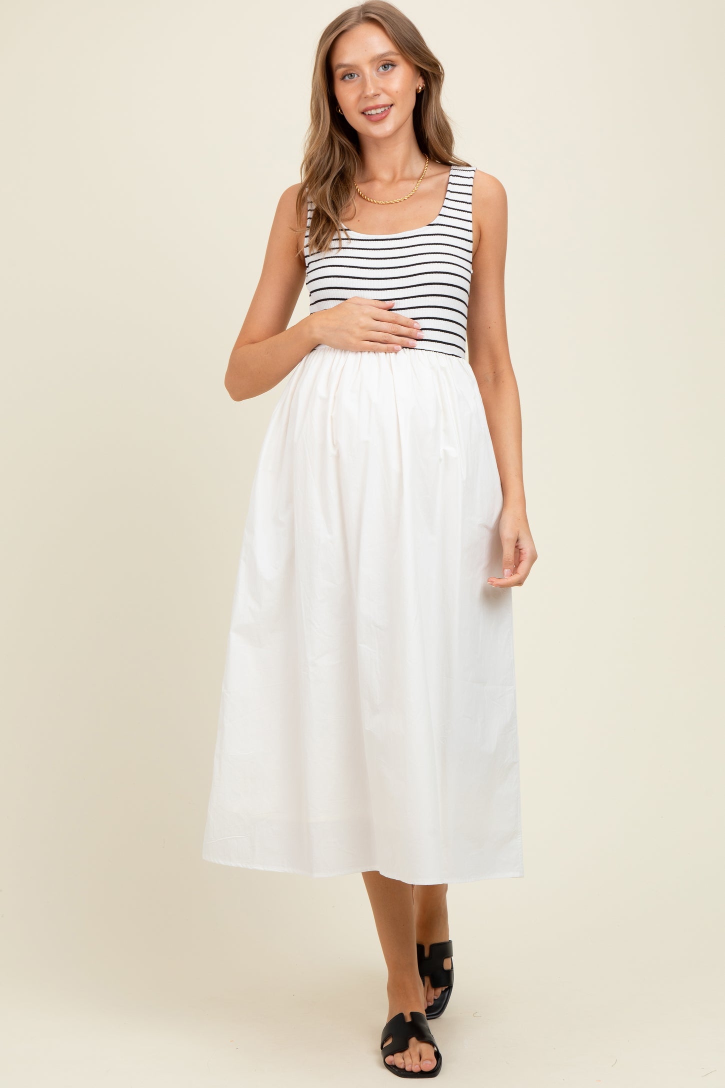 White Striped Contrast Sleeveless Maternity Midi Dress