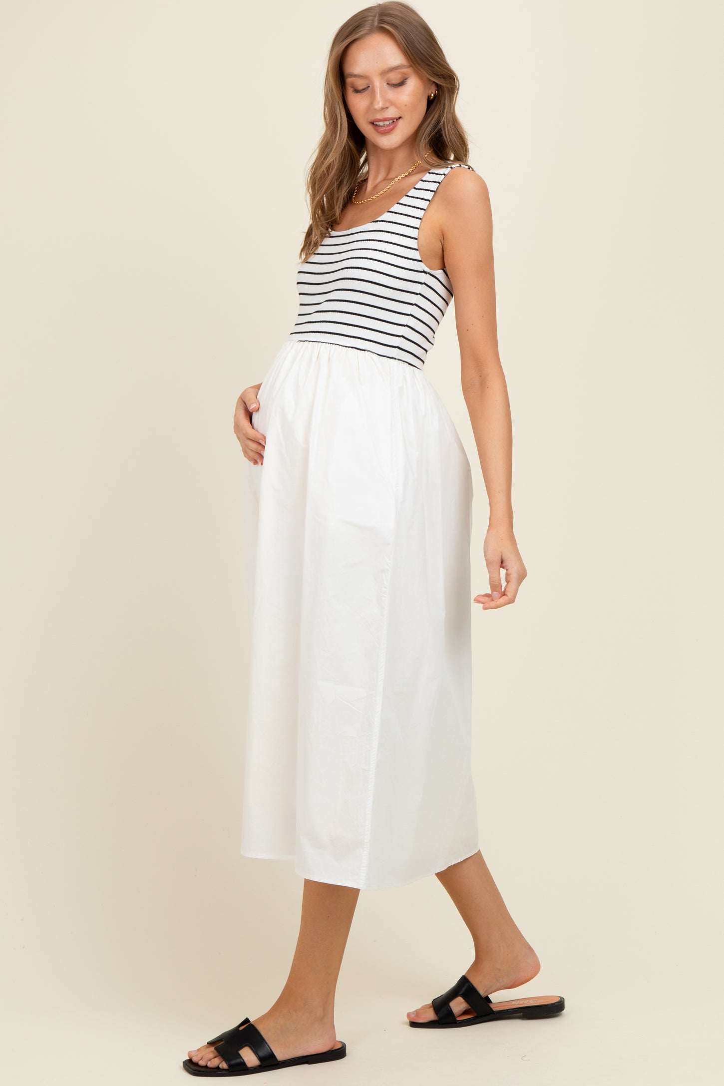 White Striped Contrast Sleeveless Maternity Midi Dress