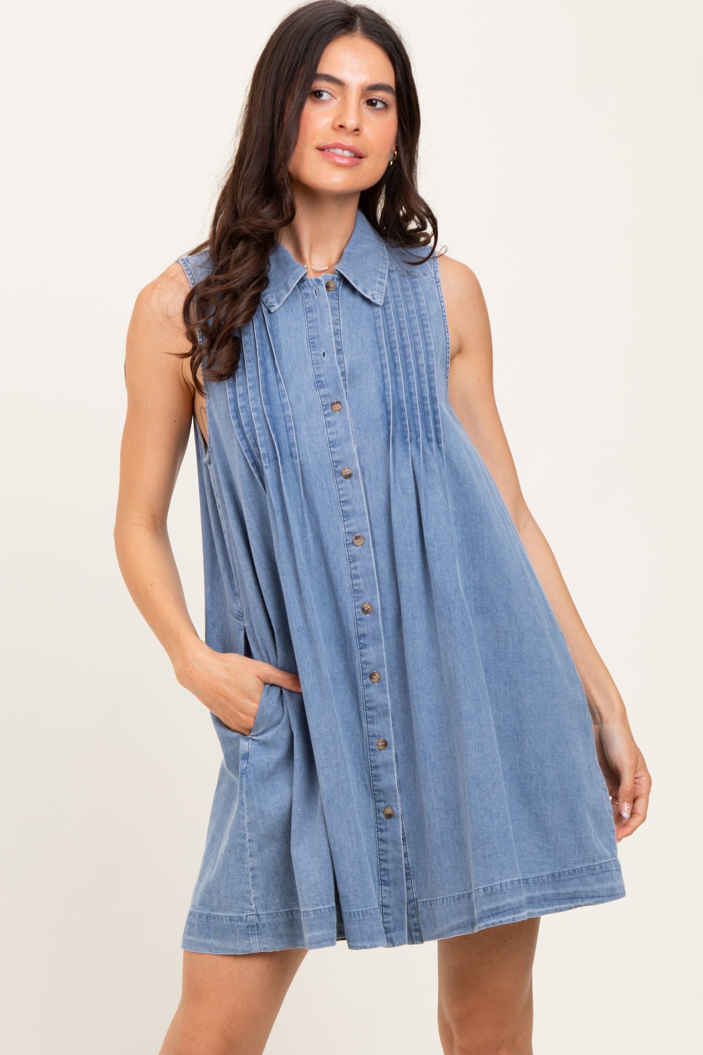 Blue Chambray Pleat Detail Sleeveless Shirt Dress – PinkBlush Blue Chambray Pleat Detail Sleeveless Shirt Dress – PinkBlush