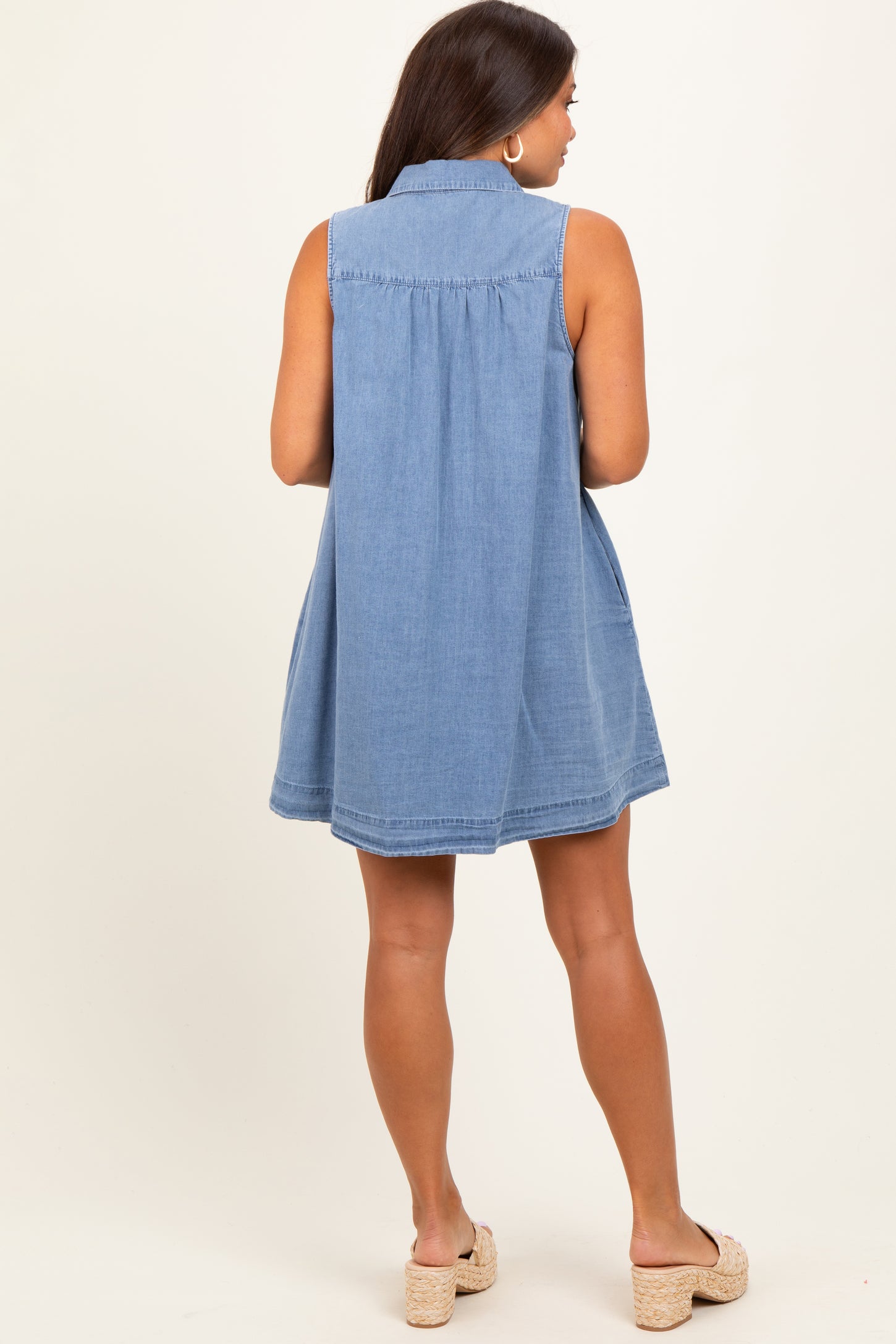 Blue Chambray Pleat Detail Sleeveless Maternity Shirt Dress