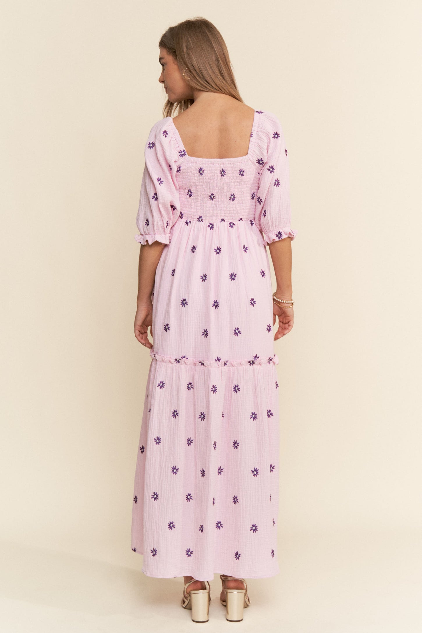 Lavender Floral Smocked Puff Sleeve Maxi Dress