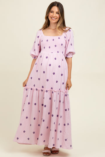 Lavender Floral Smocked Puff Sleeve Maternity Maxi Dress