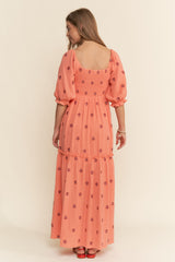Orange Floral Smocked Puff Sleeve Maxi Dress