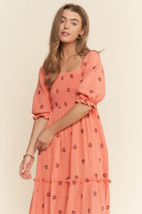 Orange Floral Smocked Puff Sleeve Maxi Dress