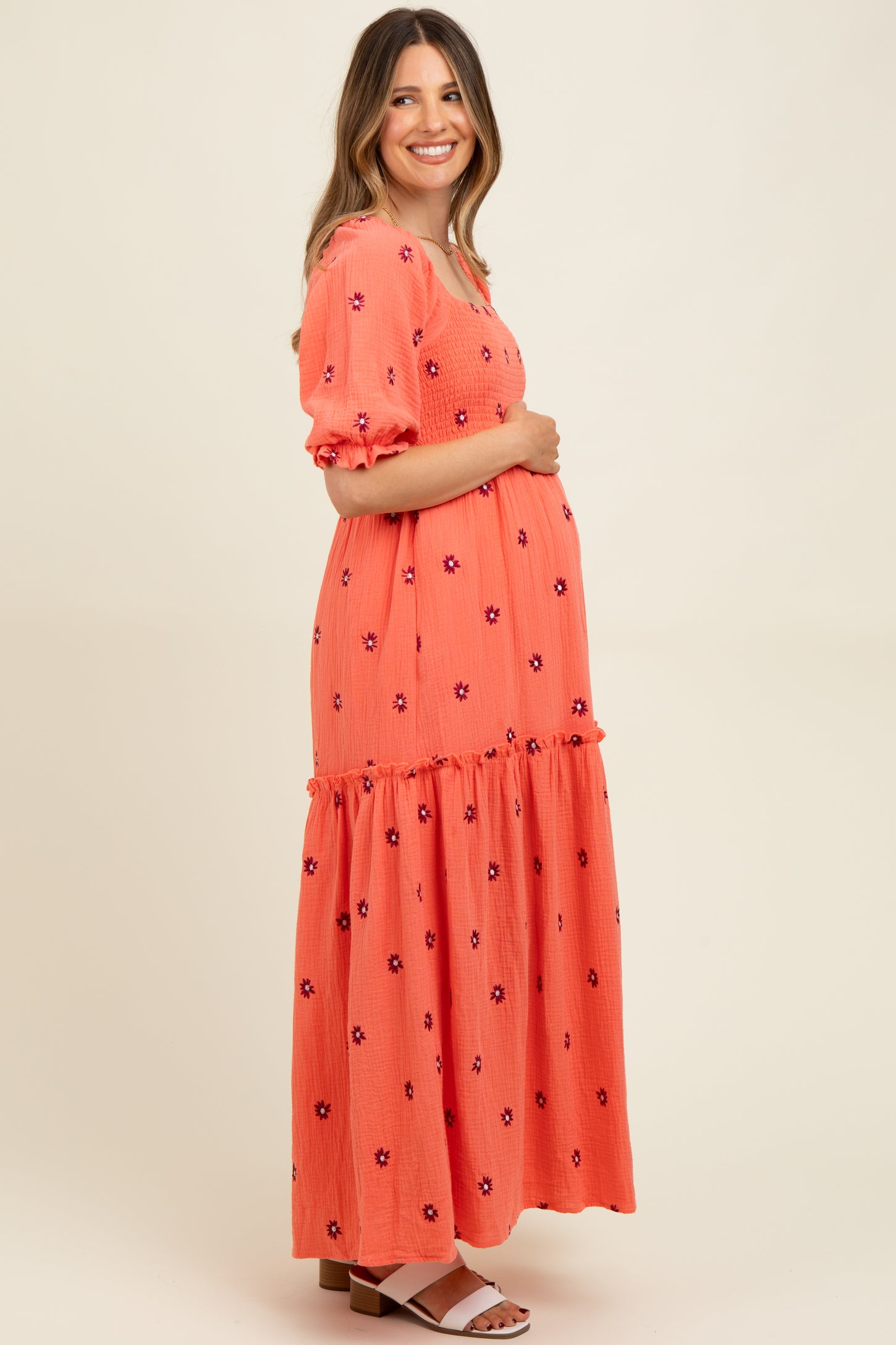 Orange Floral Smocked Puff Sleeve Maternity Maxi Dress