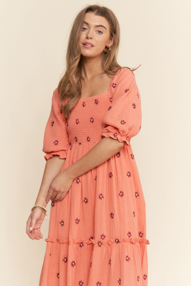 Orange Floral Smocked Puff Sleeve Maxi Dress