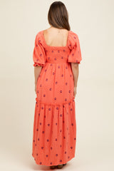 Orange Floral Smocked Puff Sleeve Maternity Maxi Dress
