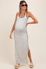 White Textured Stripe Halter Side Slit Maternity Maxi Dress
