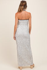 White Textured Stripe Halter Side Slit Maternity Maxi Dress