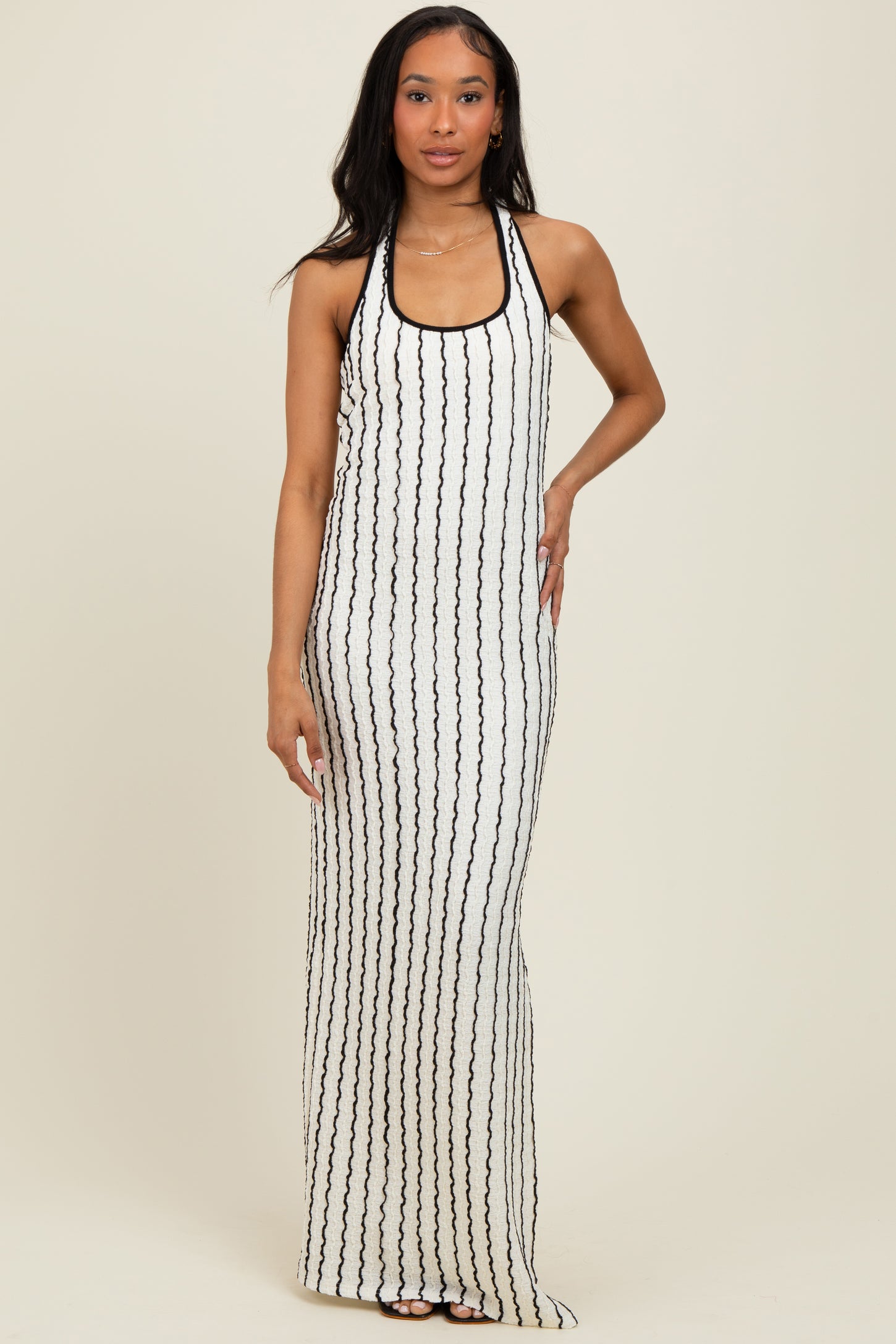 White Textured Stripe Halter Side Slit Maxi Dress PinkBlush White Textured Stripe Halter Side Slit Maxi Dress PinkBlush