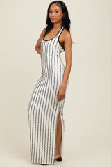 White Textured Stripe Halter Side Slit Maternity Maxi Dress