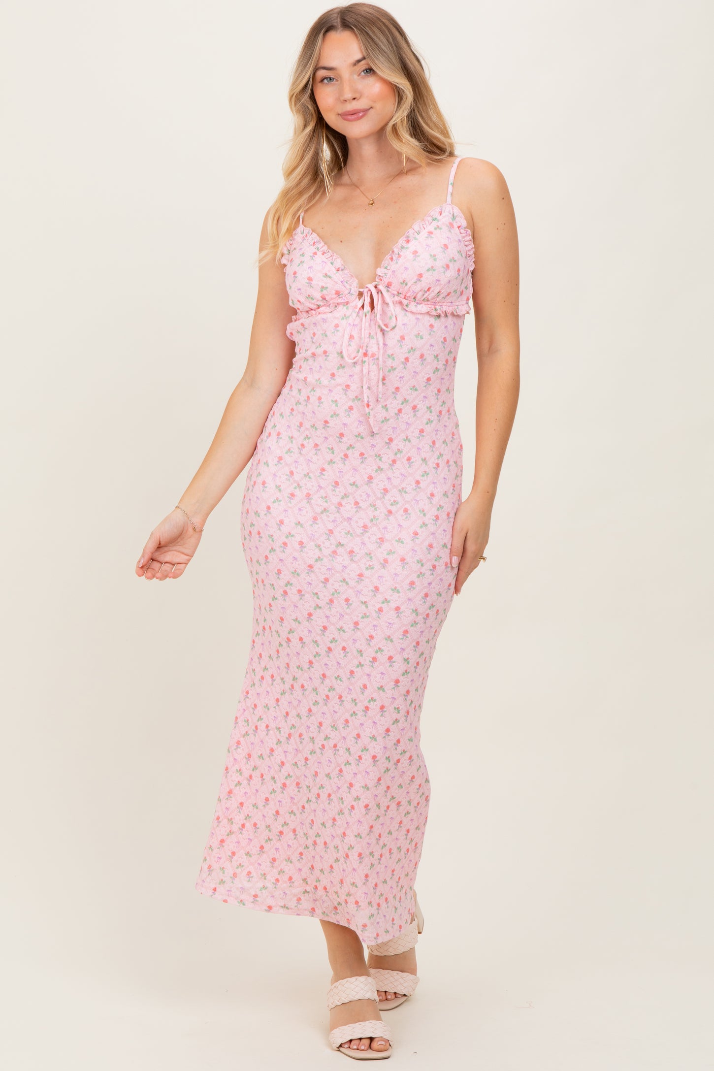 Light Pink Rose Print Jacquard Front Tie Cutout Maxi Dress PinkBlush Light Pink Rose Print Jacquard Front Tie Cutout Maxi Dress PinkBlush