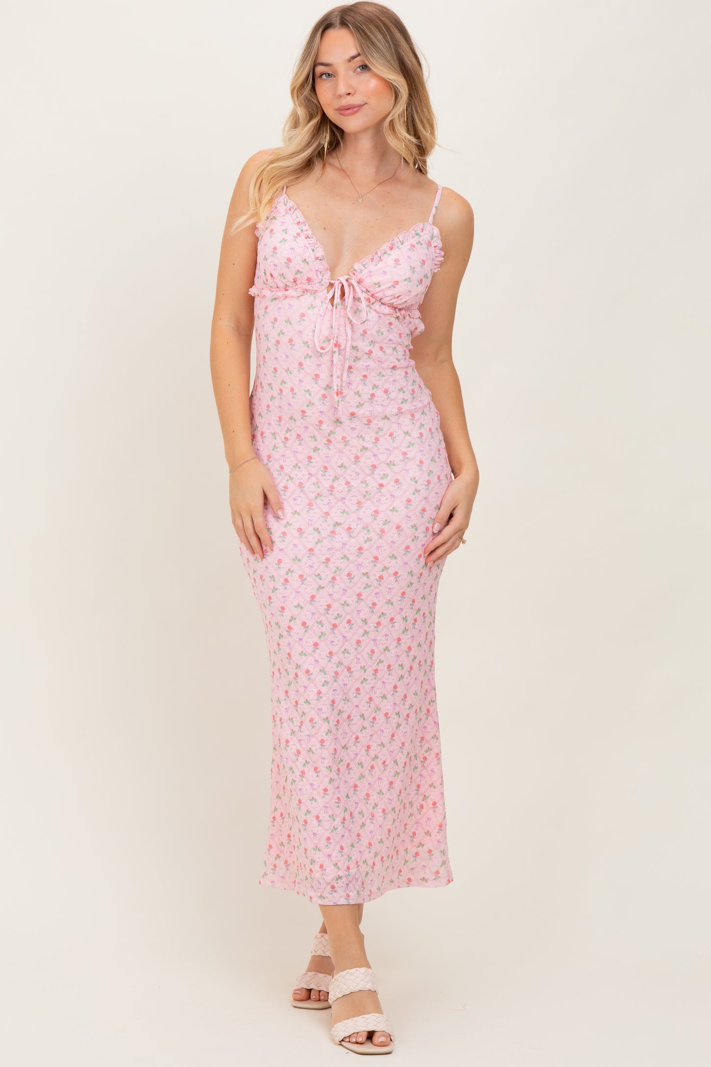 Light Pink Rose Print Jacquard Front Tie Cutout Maxi Dress