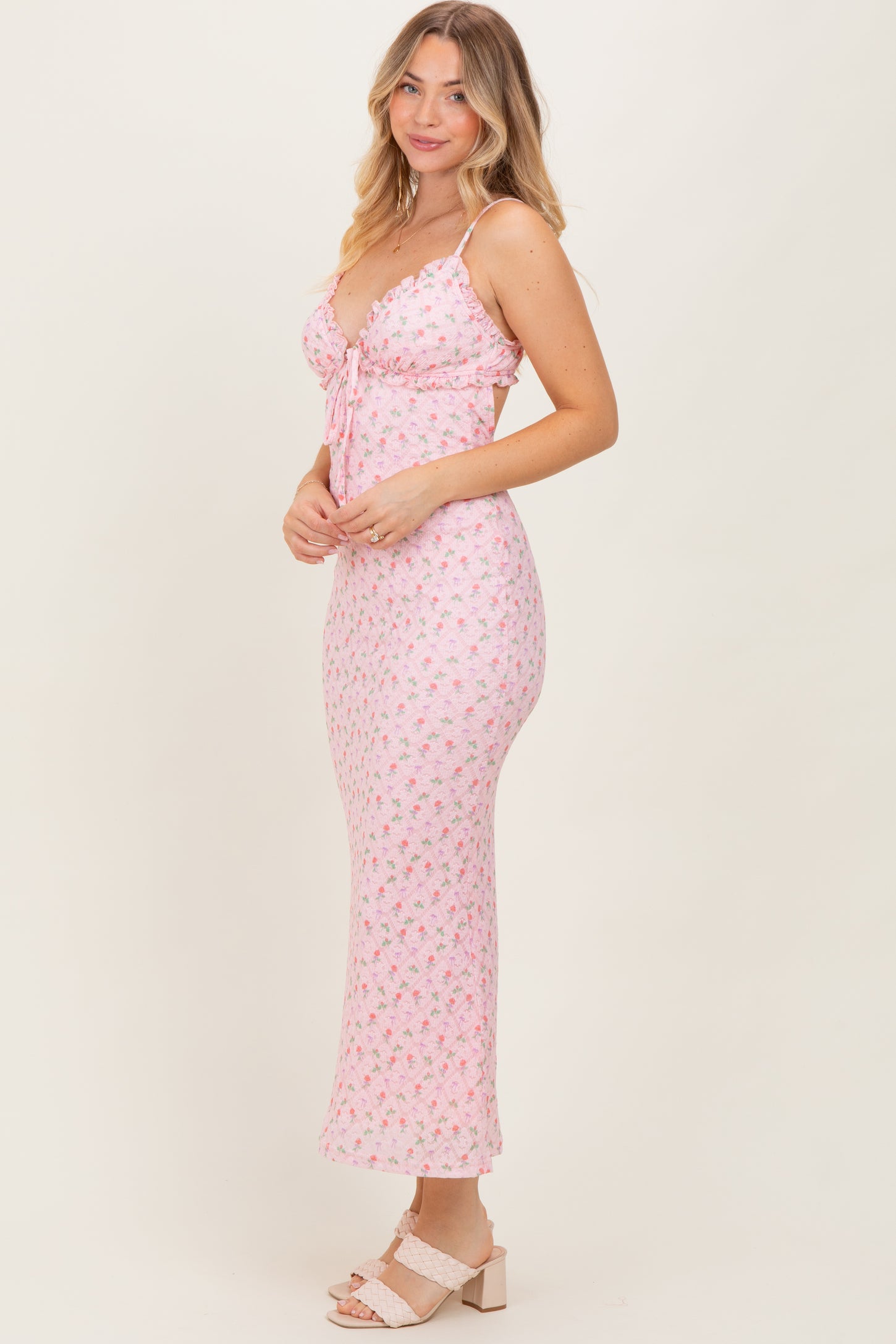 Light Pink Rose Print Jacquard Front Tie Cutout Maxi Dress PinkBlush Light Pink Rose Print Jacquard Front Tie Cutout Maxi Dress PinkBlush
