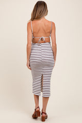 White Striped Backless Tie Maternity Maxi Dress