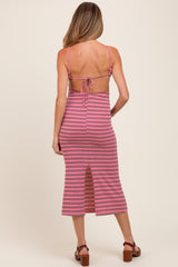 Pink Striped Backless Tie Maternity Maxi Dress
