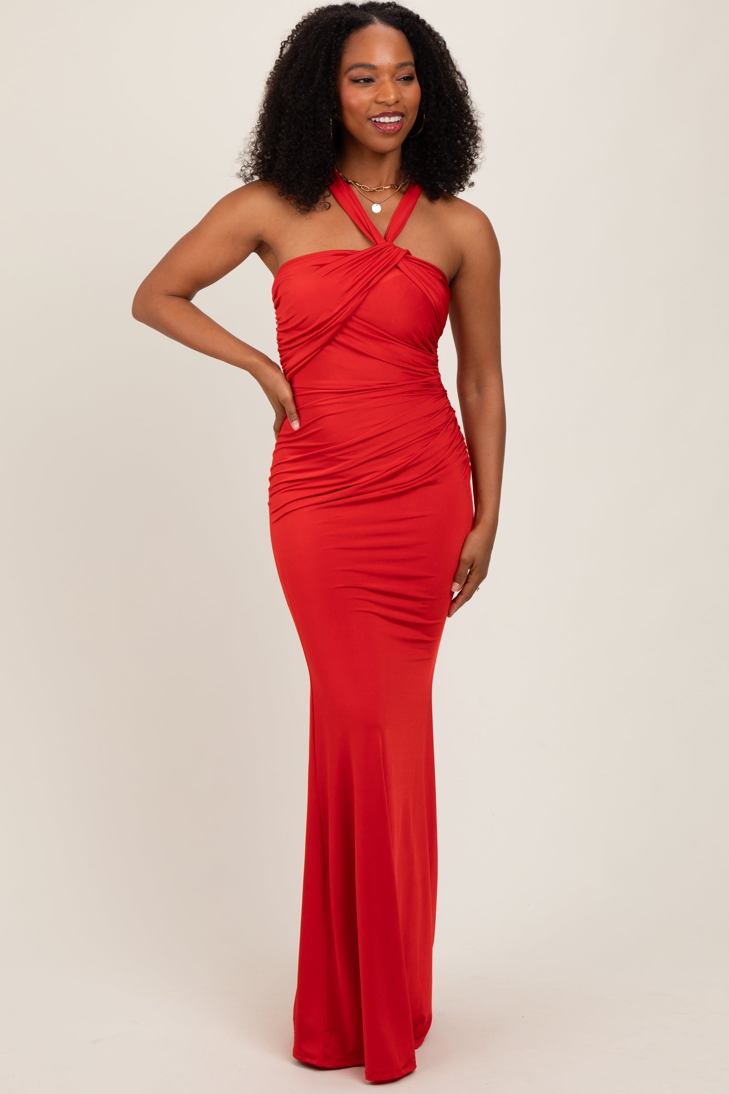 Red Twist Front Ruched Maxi Dress