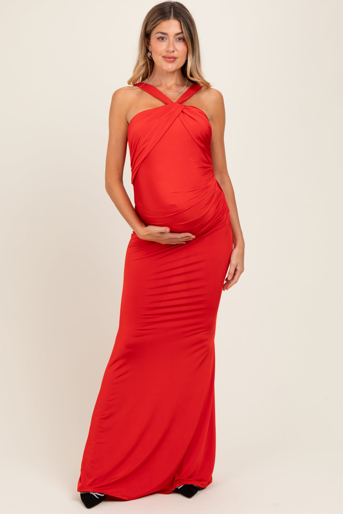 Red Twist Front Ruched Maternity Maxi Dress