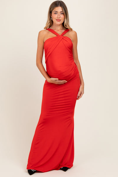 Red Twist Front Ruched Maternity Maxi Dress – PinkBlush