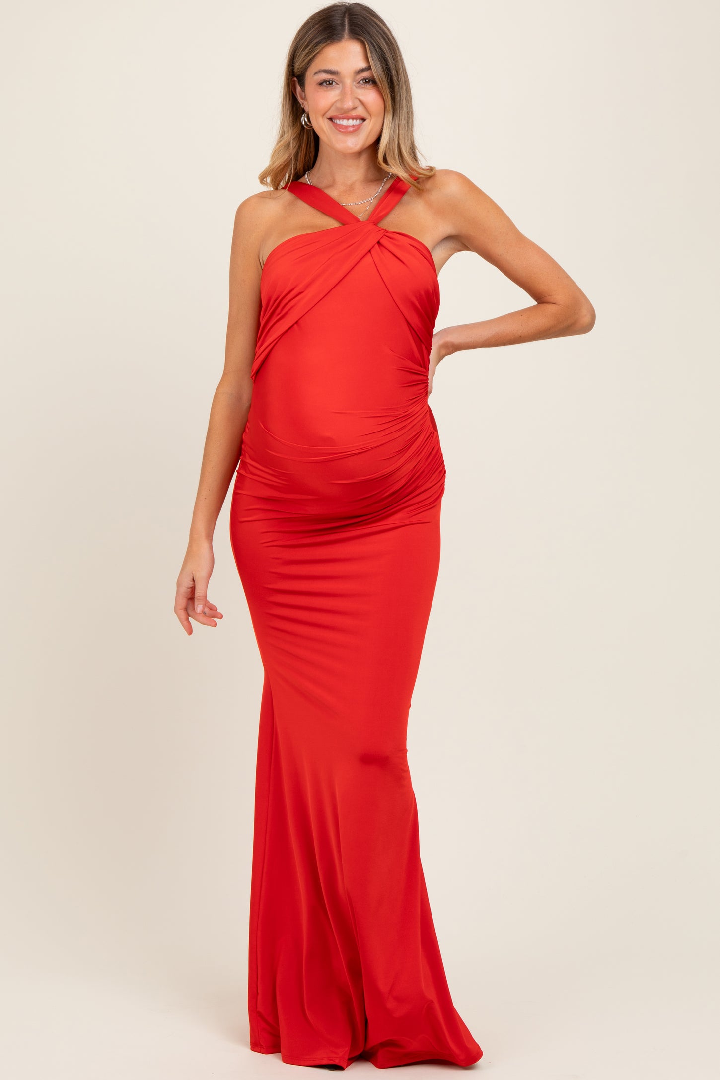 Red Twist Front Ruched Maternity Maxi Dress PinkBlush Red Twist Front Ruched Maternity Maxi Dress PinkBlush