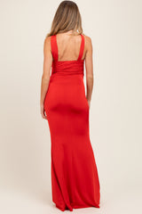 Red Twist Front Ruched Maternity Maxi Dress