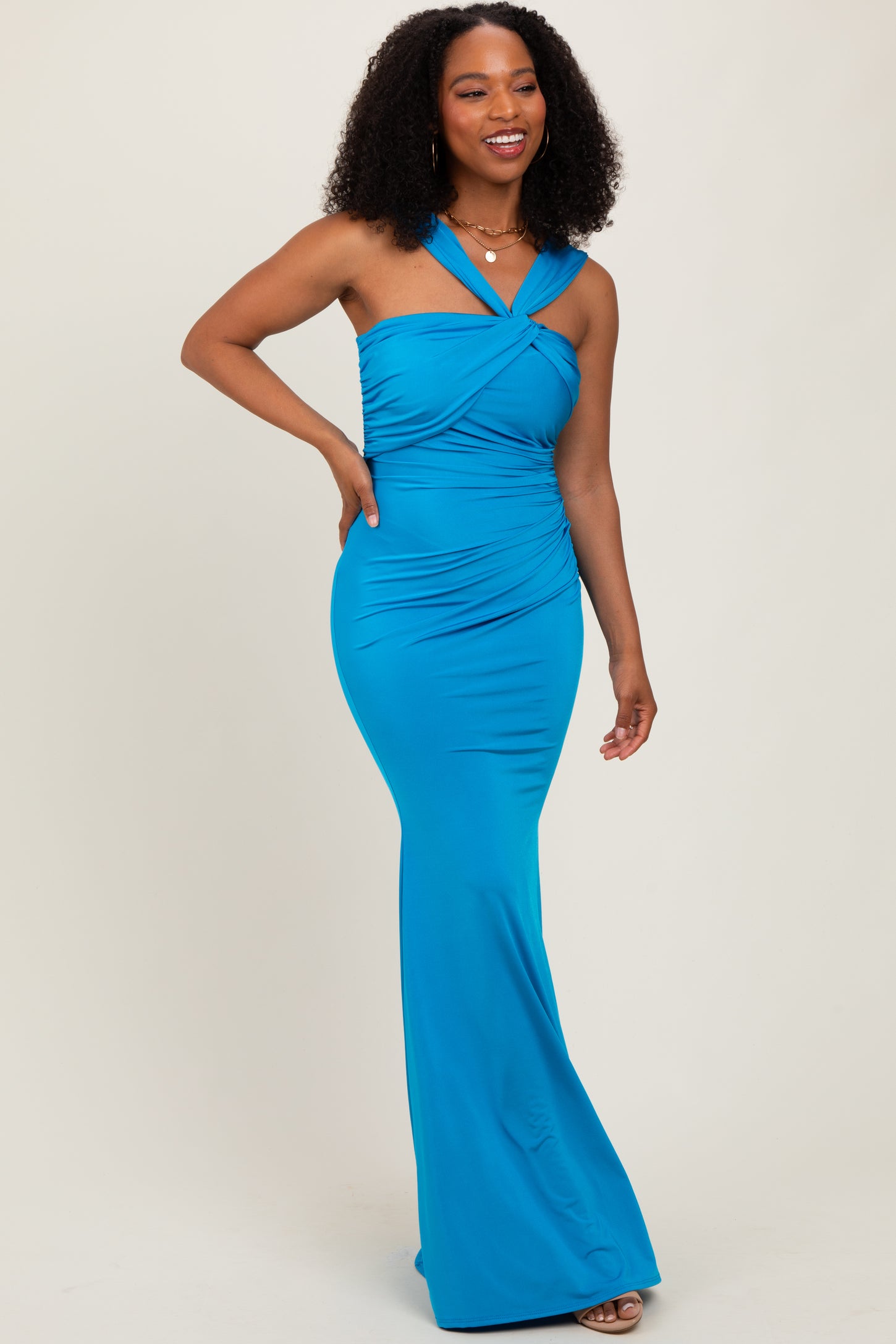 Turquoise Twist Front Ruched Maternity Maxi Dress