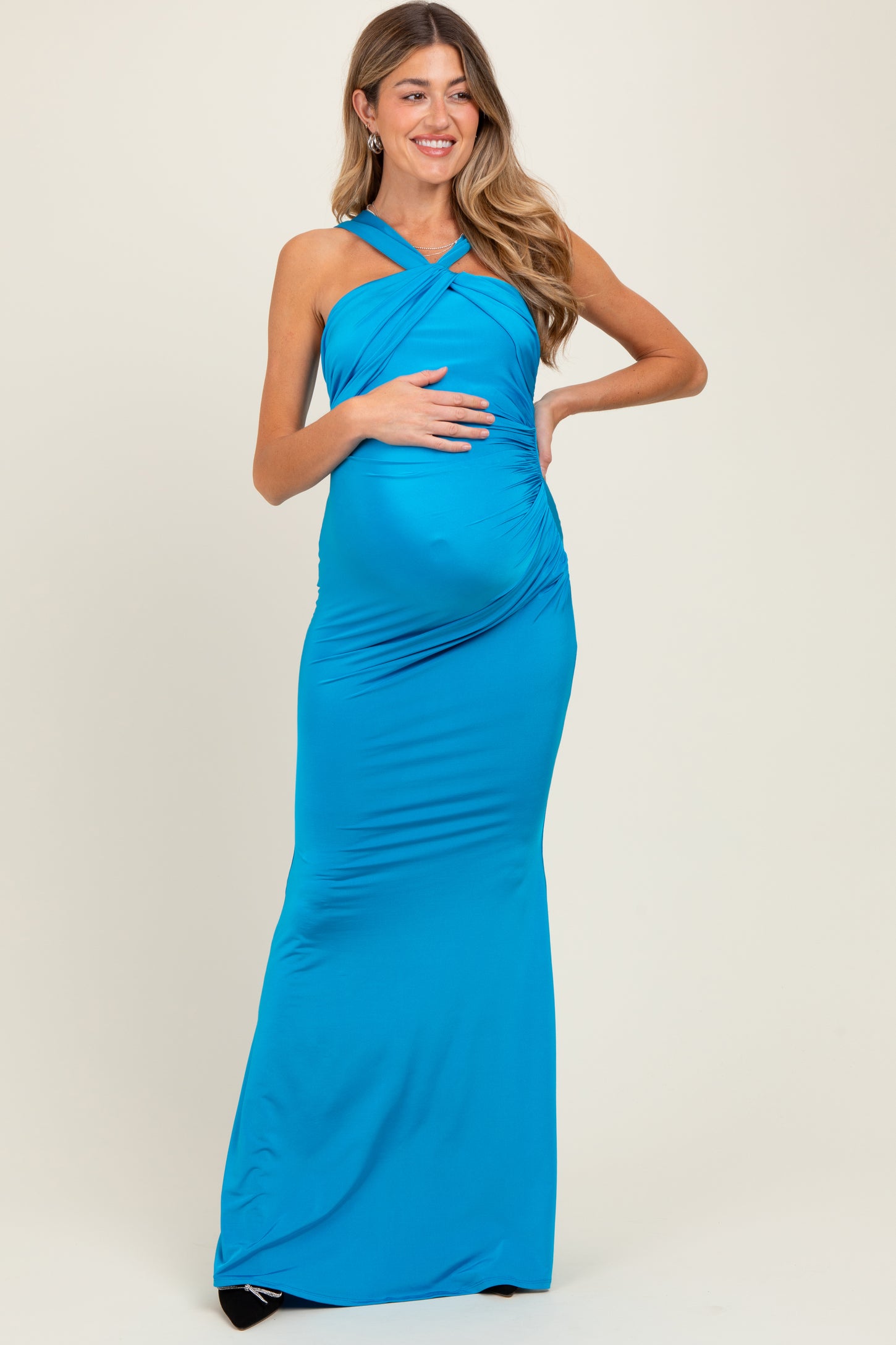 Turquoise Twist Front Ruched Maternity Maxi Dress Turquoise Twist Front Ruched Maternity Maxi Dress