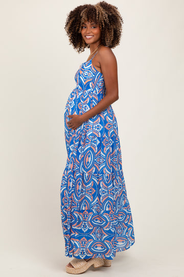 Blue Printed Sleeveless Maternity Maxi Dress