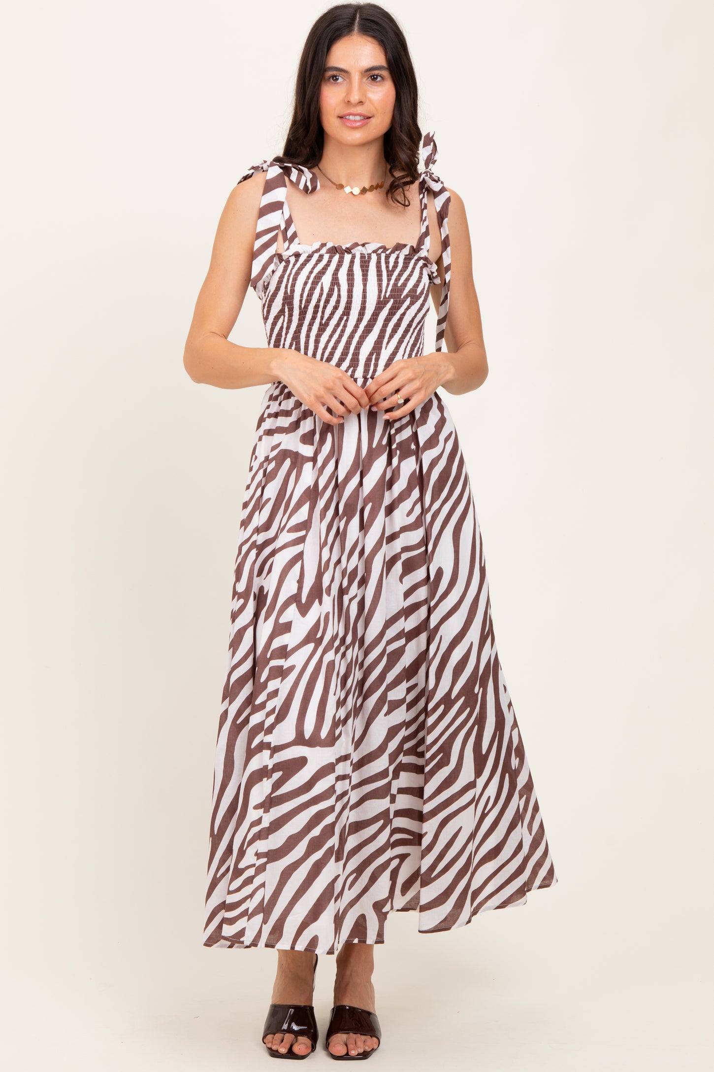Brown Animal Print Smocked Shoulder Tie Midi Dress