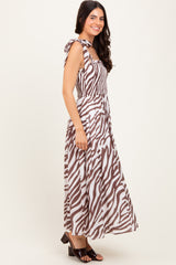 Brown Animal Print Smocked Shoulder Tie Midi Dress