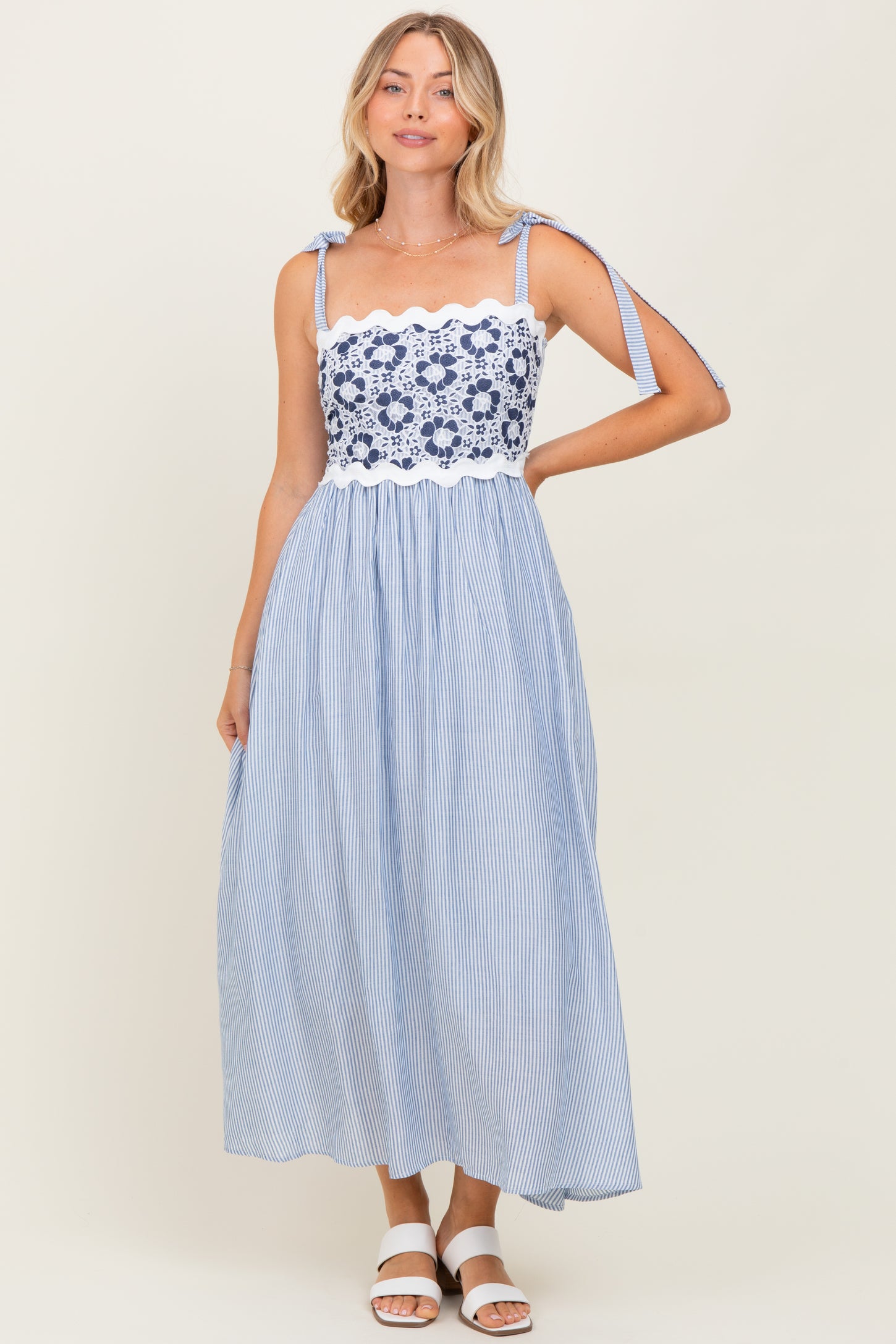 Blue Striped Floral Lace Sleeveless Midi Dress