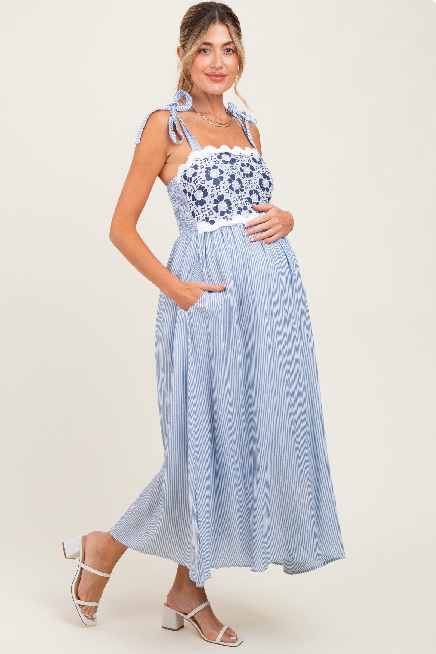 Blue Striped Floral Lace Sleeveless Maternity Midi Dress