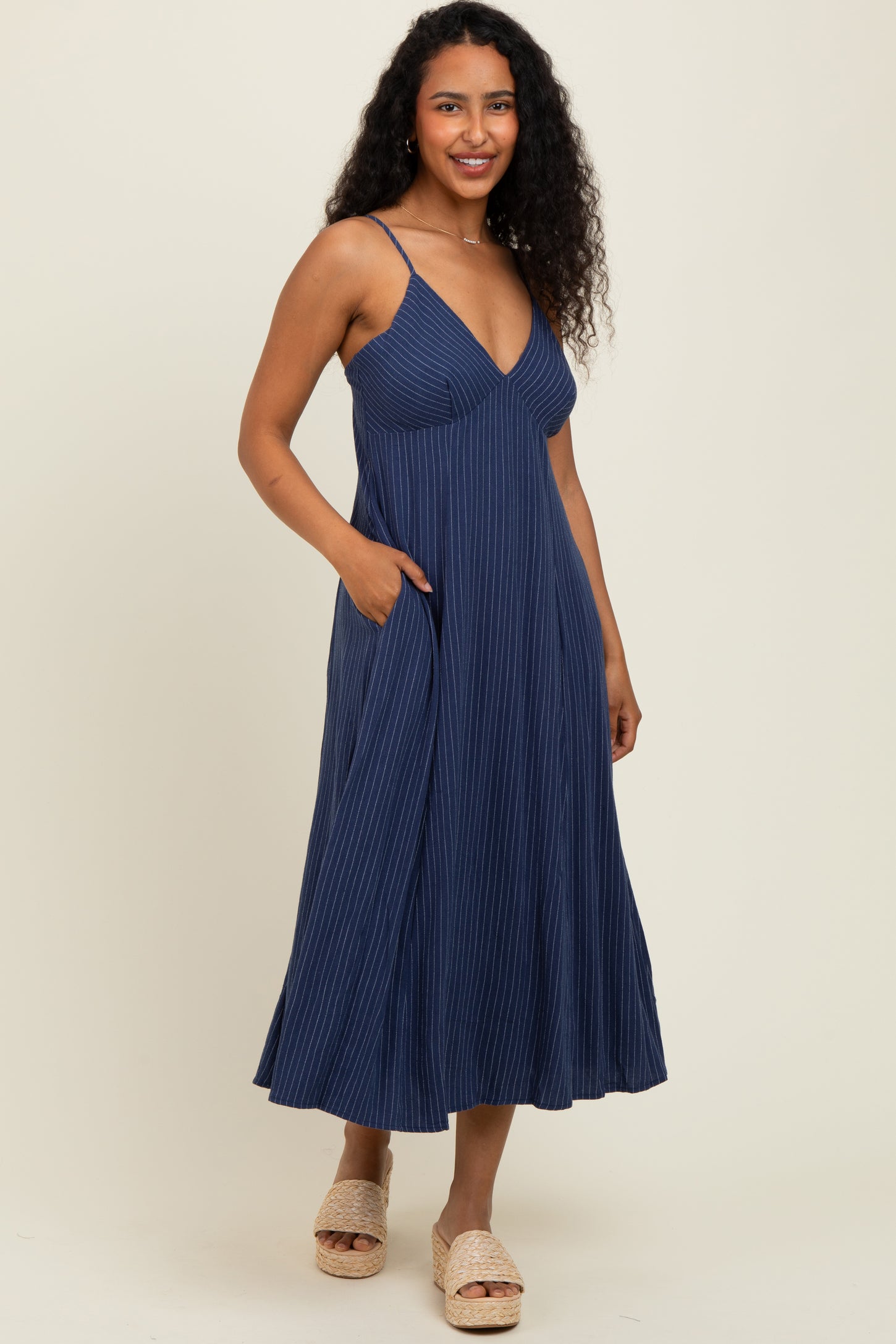 Navy/White Linen Striped Maternity Midi Dress