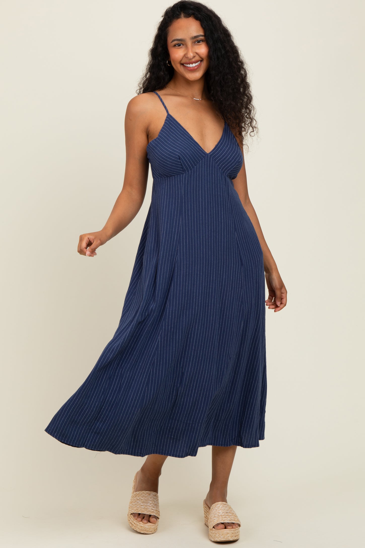 Navy/White Linen Striped Midi Dress