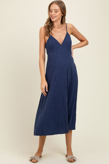 Navy/White Linen Striped Maternity Midi Dress