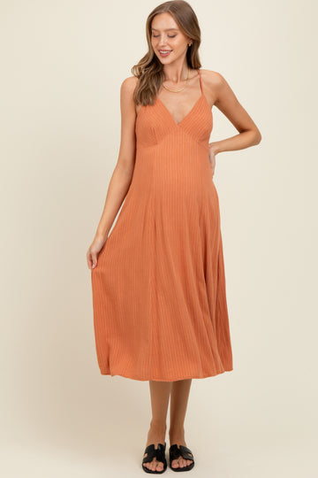 Rust/White Linen Striped Maternity Midi Dress