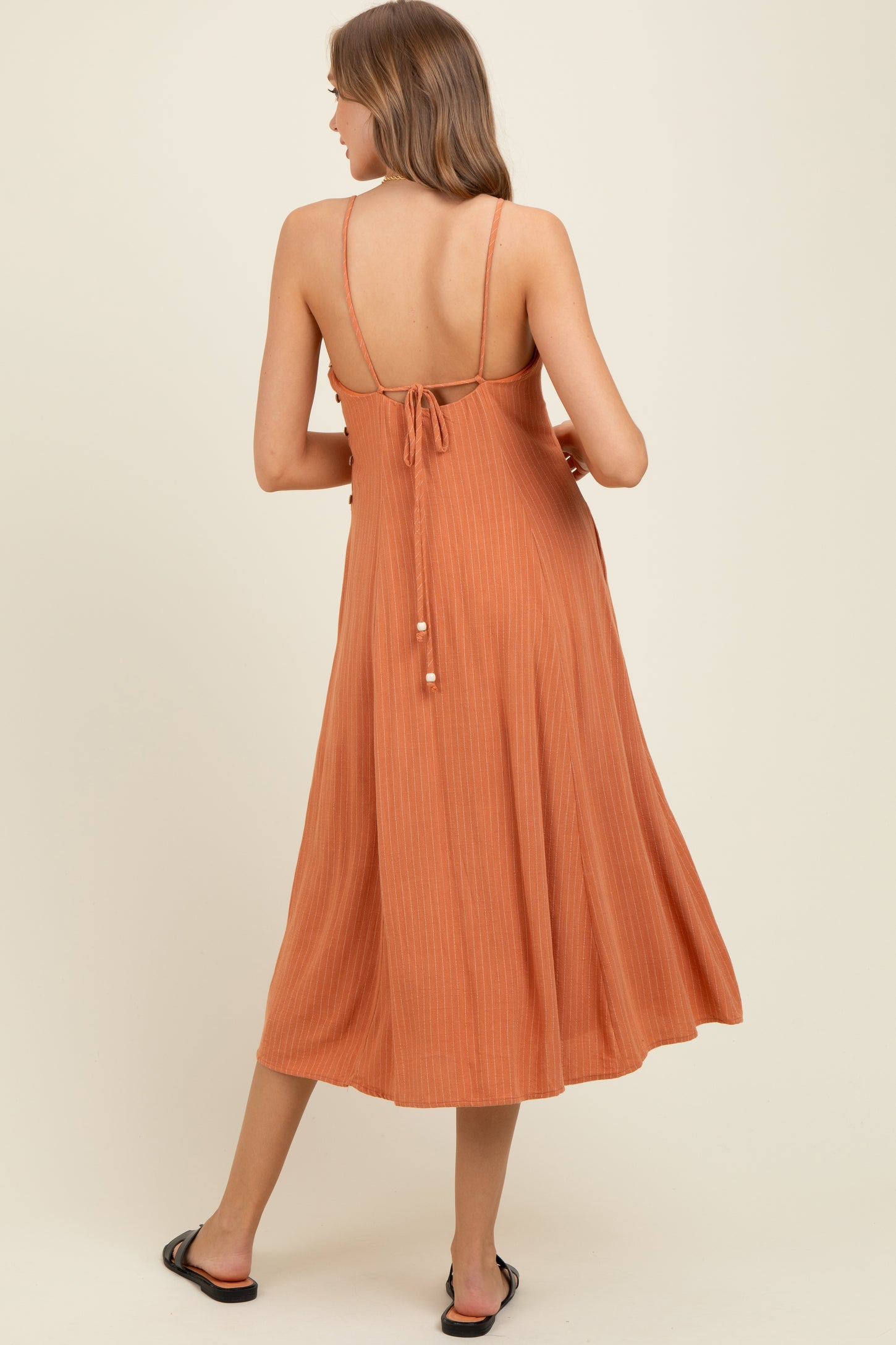 Rust/White Linen Striped Maternity Midi Dress Rust/White Linen Striped Maternity Midi Dress