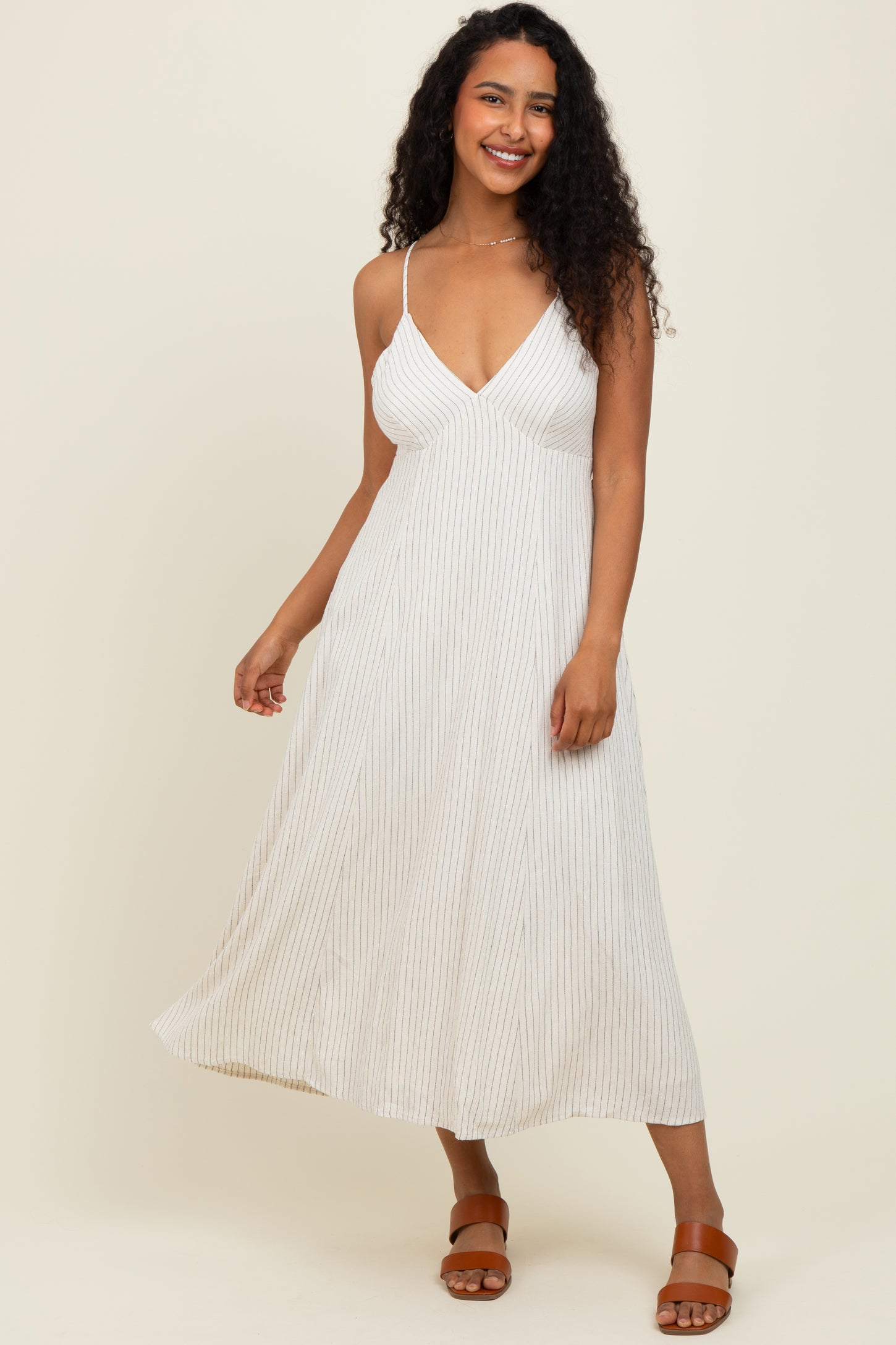 linen striped midi dress Riley Black & White Striped Linen Flared Midi Dress S / 4-6