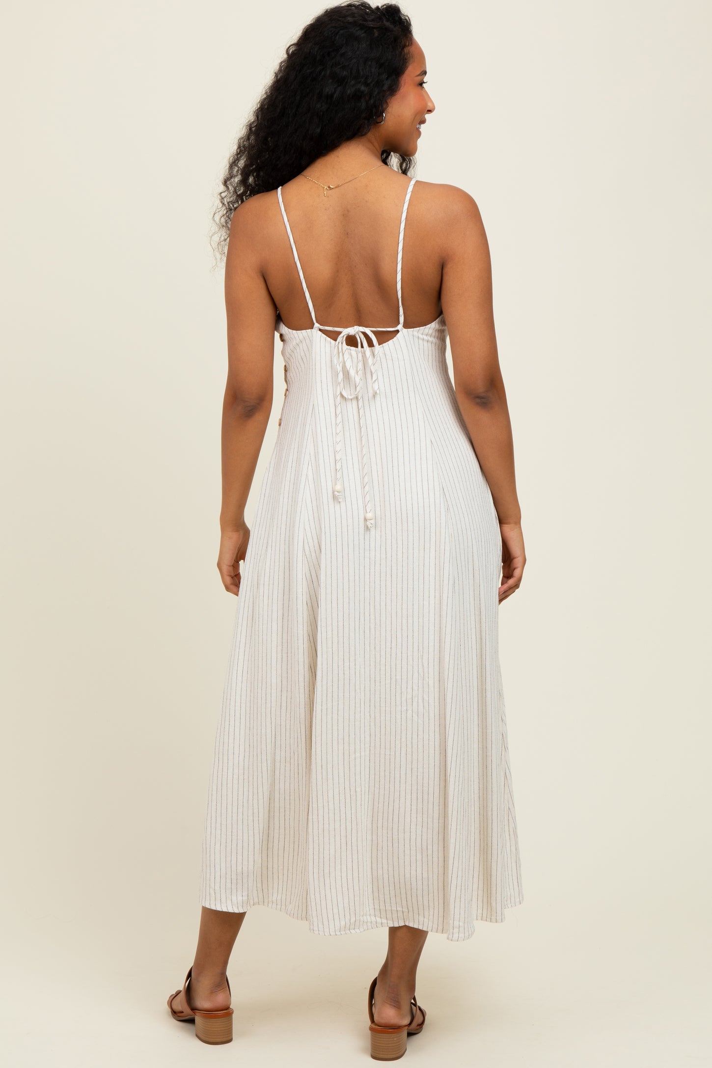 Ivory/Black Linen Striped Midi Dress Ivory/Black Linen Striped Midi Dress