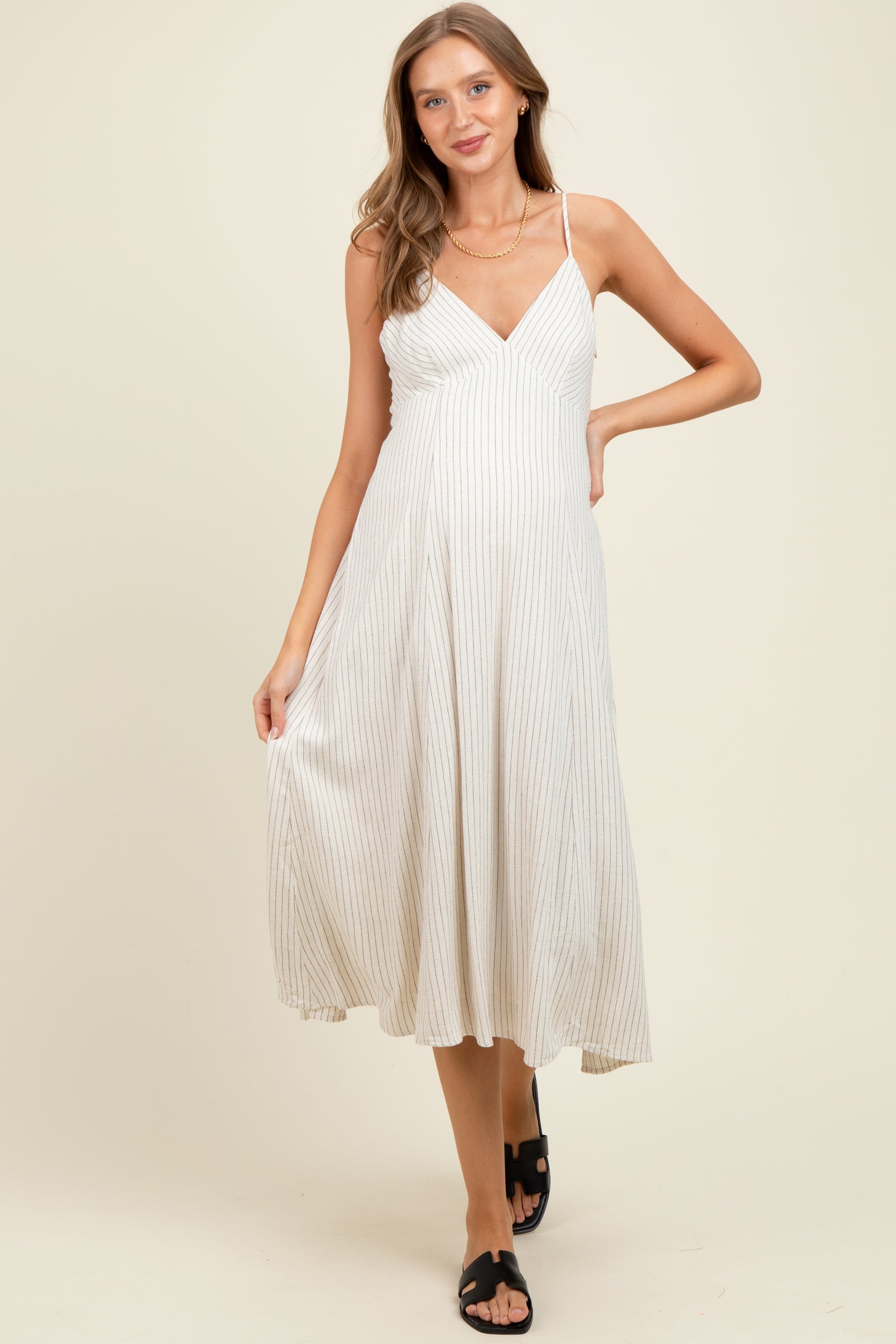 Ivory/Black Linen Striped Maternity Midi Dress