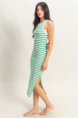 Green/White Striped Sleeveless Fitted Midi Dress