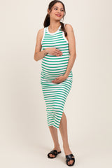 Green/White Striped Sleeveless Fitted Maternity Midi Dress
