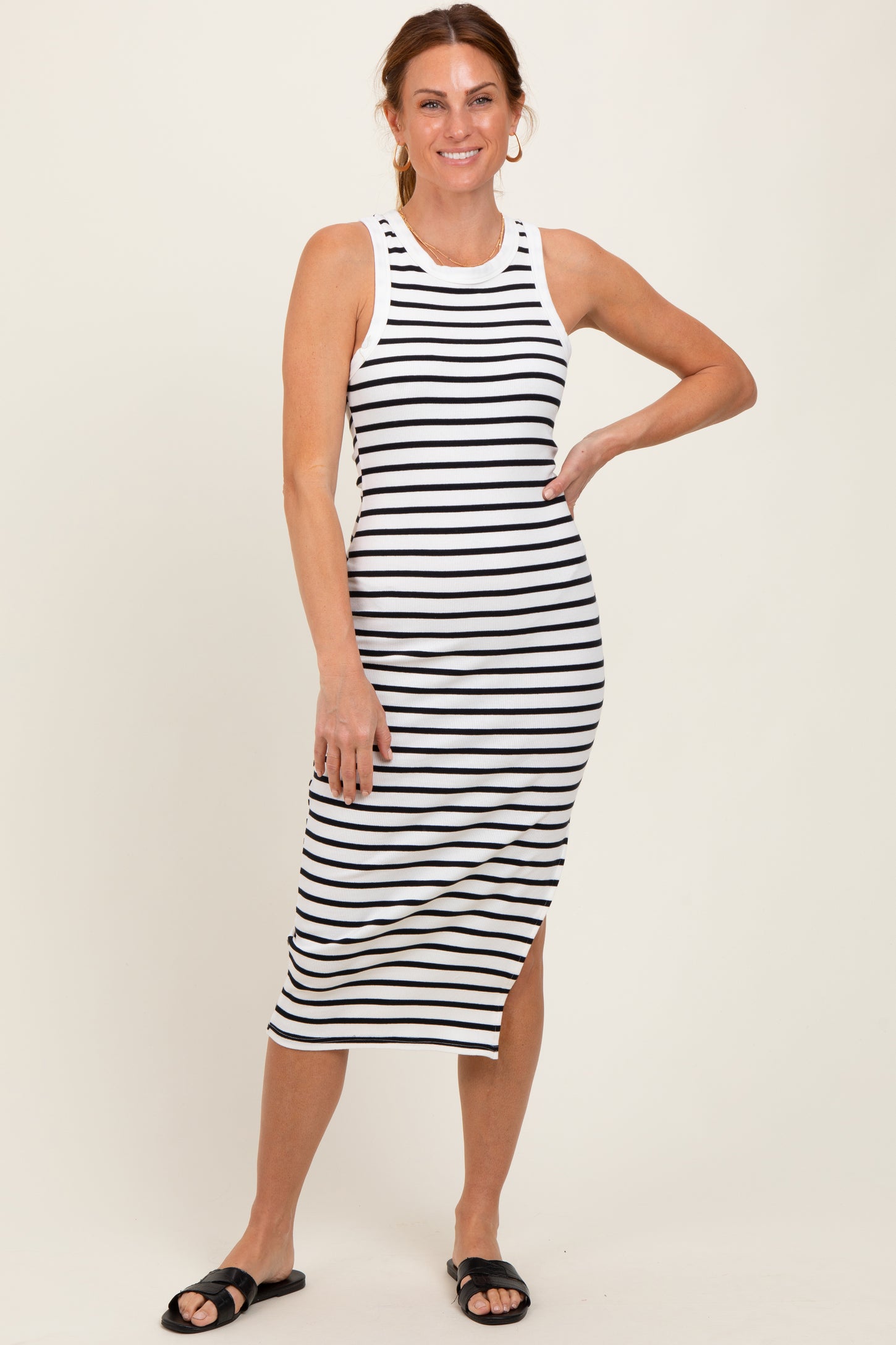 White/Black Striped Sleeveless Fitted Midi Dress