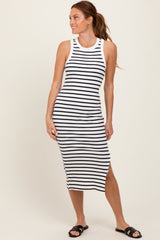 White/Black Striped Sleeveless Fitted Midi Dress