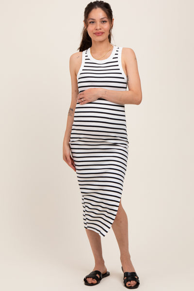 black and white striped maternity dress Black White Striped Knit Sleeveless Side Slit Maternity Midi Dress   PinkBlush