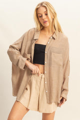 Taupe Roll Up Sleeve Button-Up Oversized Maternity Shirt