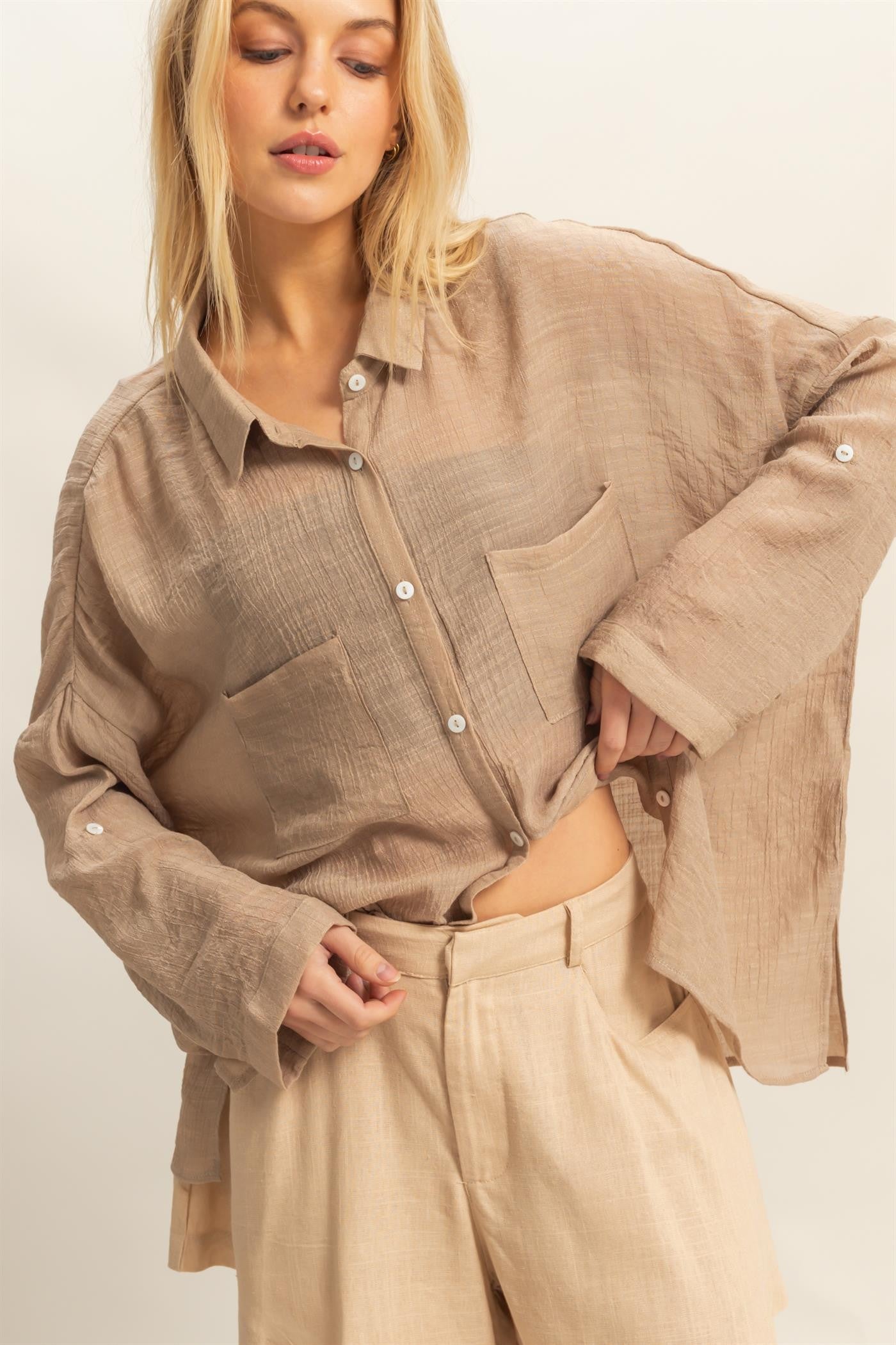 Taupe Roll Up Sleeve Button-Up Oversized Shirt